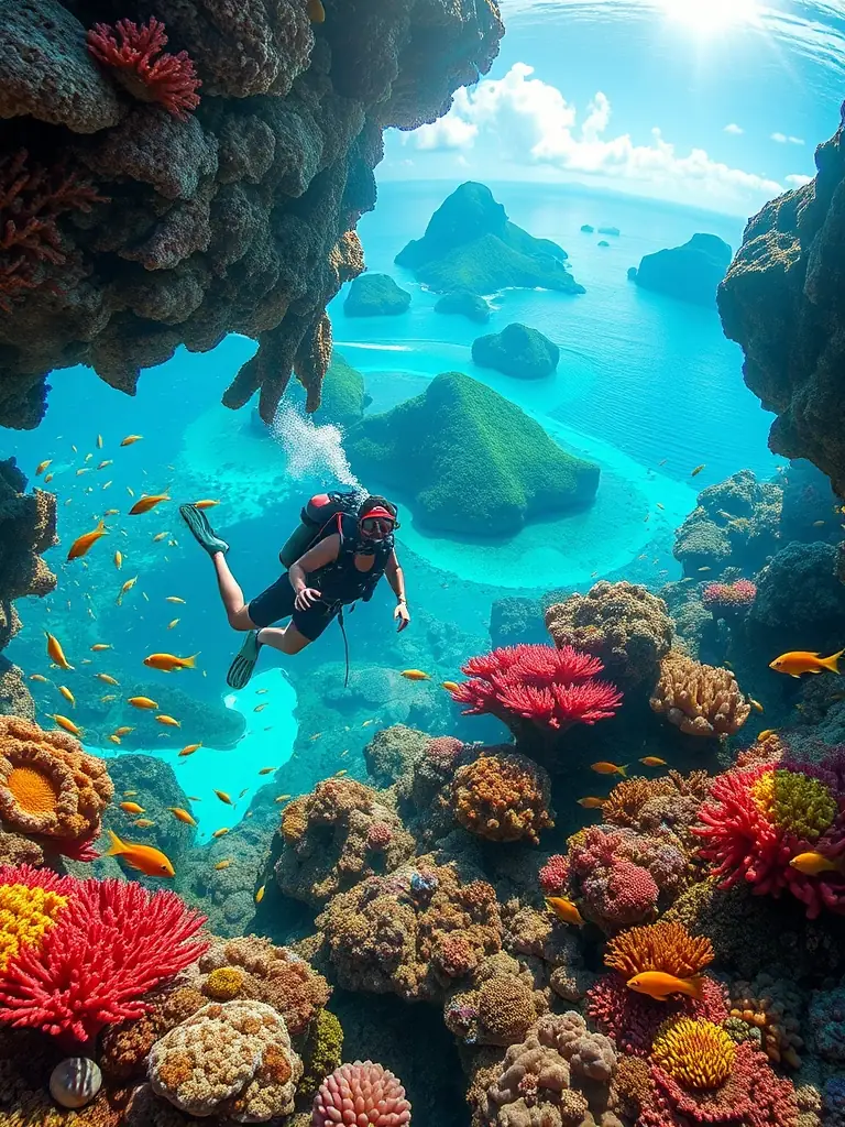 A picturesque image of Hon Mun Island, featuring colorful coral reefs, diverse marine life, and scuba divers exploring the underwater world.