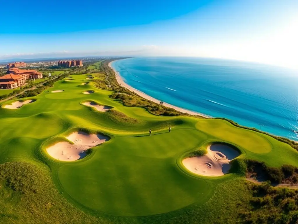 A panoramic view of Diamond Bay Golf & Villas, showcasing its lush green fairways, strategic bunkers, and the coastline in the background, emphasizing the course's natural beauty and challenging layout.