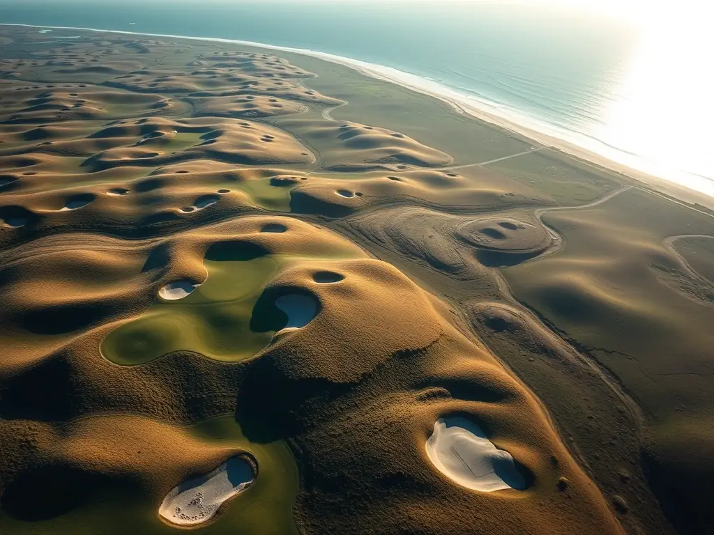 A detailed aerial shot of KN Golf Links, showcasing its links-style design, undulating fairways, and challenging bunkers, emphasizing its unique character and appeal to serious golfers.