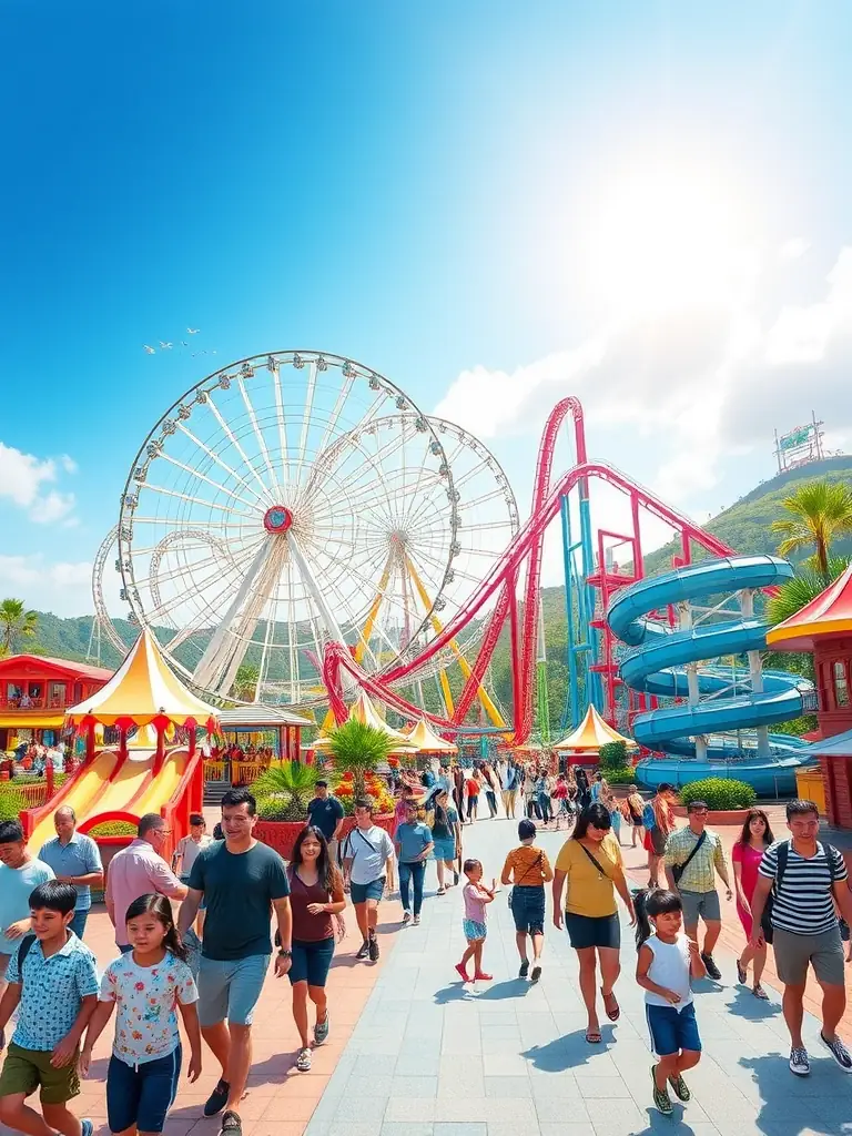 A vibrant photo of VinWonders Nha Trang, showcasing the theme park's attractions, such as the Ferris wheel, roller coasters, and water park features, with happy tourists enjoying their time.
