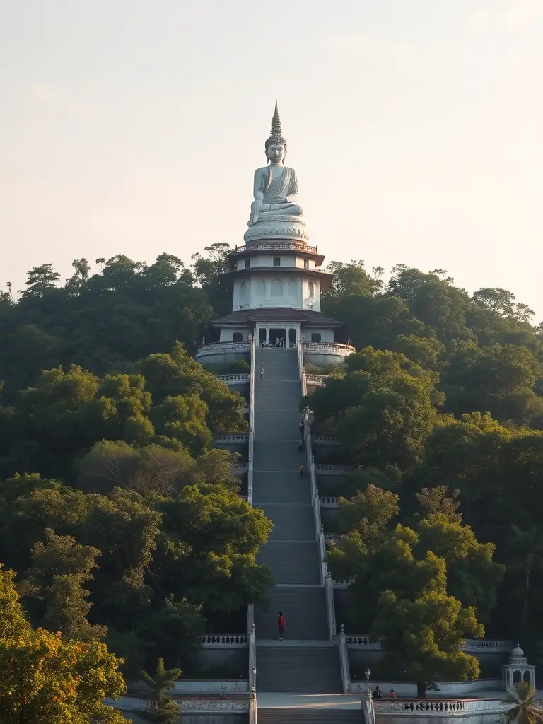 A serene image of Long Son Pagoda, featuring the iconic white Buddha statue overlooking the city, capturing the spiritual and peaceful ambiance.