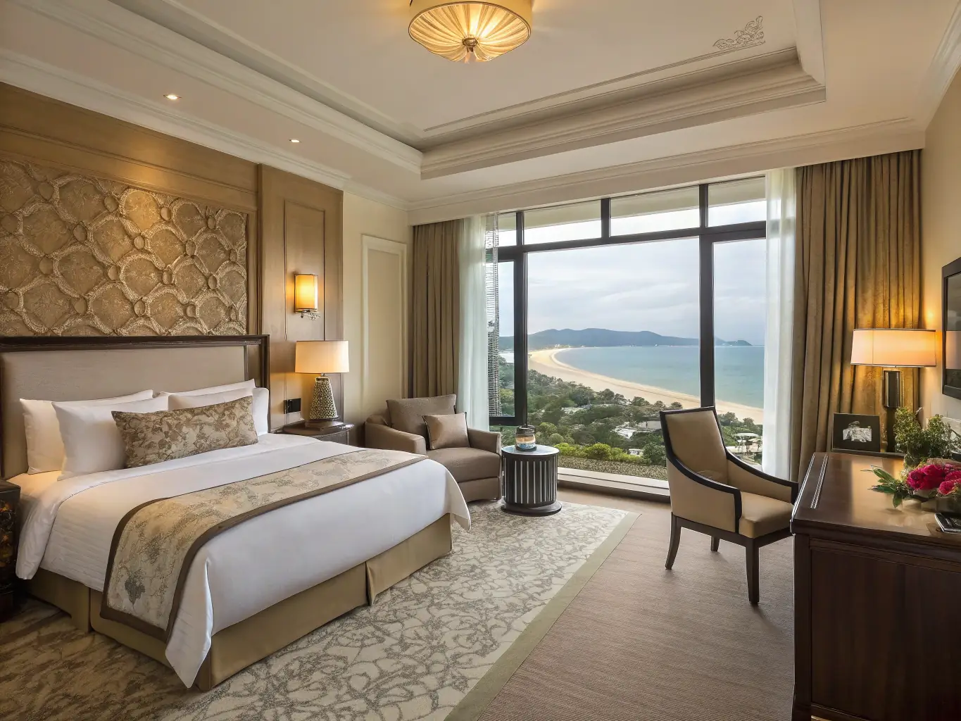A serene and inviting hotel room interior with a view of the Nha Trang coastline, emphasizing the relaxation and comfort offered by the casino hotel.