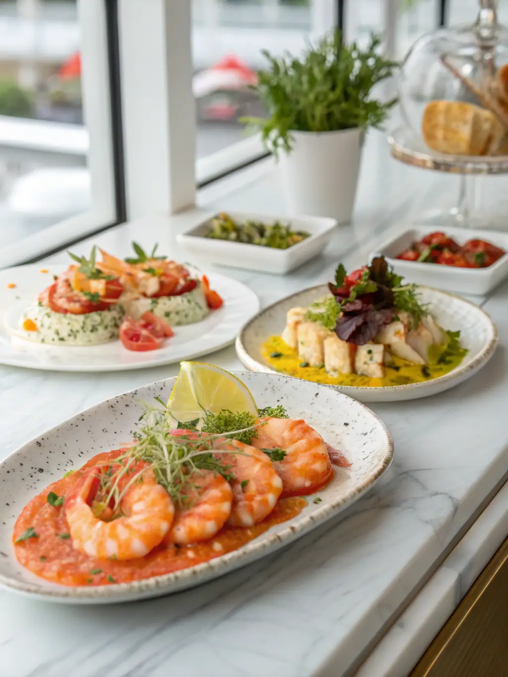 A beautifully plated dish of fresh seafood at a high-end restaurant within one of the Nha Trang casino hotels, showcasing the elegant ambiance and culinary excellence.